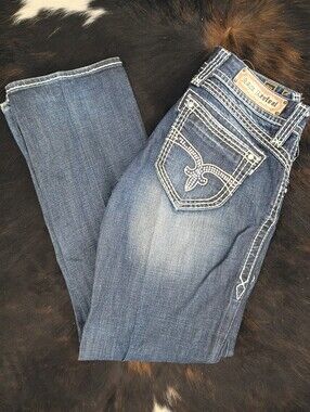 NWOT Rock Revival Medium Blue Boot Cut Jeans with White Contrast Stitching